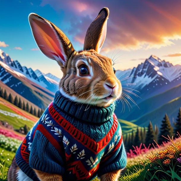 Image of a rabbit in a sweater in the mountains