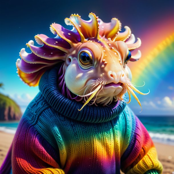 Image of a cuttlefish in a sweater on the rainbow