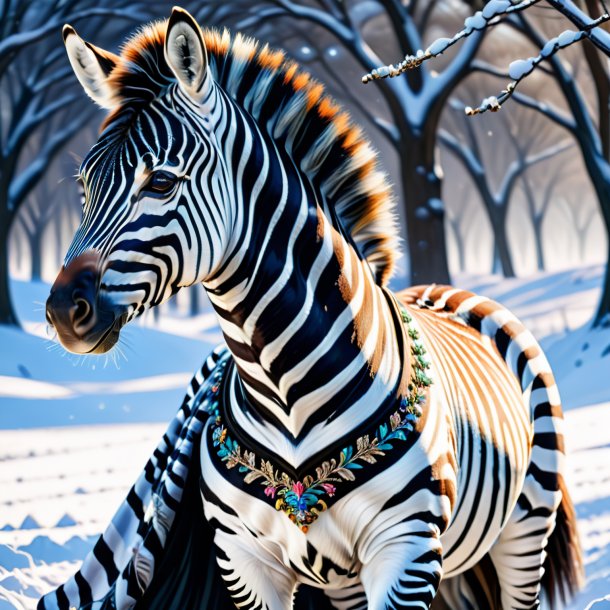 Drawing of a zebra in a dress in the snow