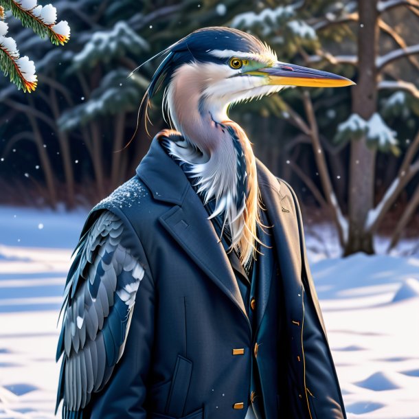 Pic of a heron in a jacket in the snow