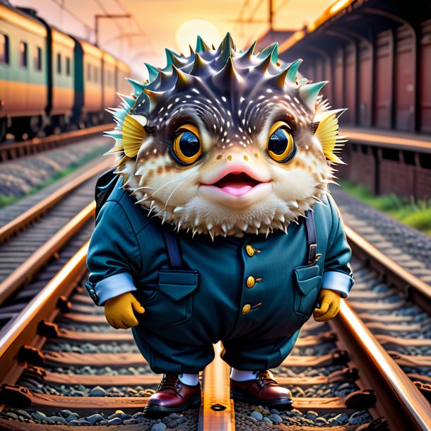 Pic of a pufferfish in a trousers on the railway tracks