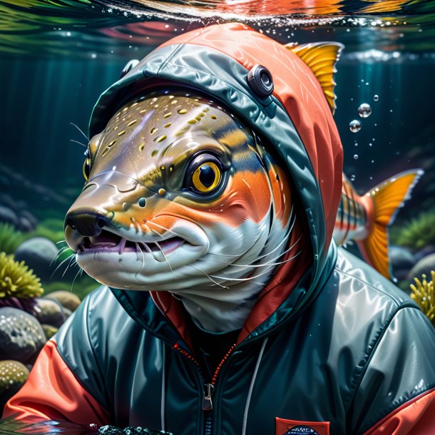 Imagem de um salmão em um hoodie na água