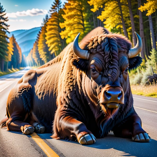 Image of a resting of a bison on the road