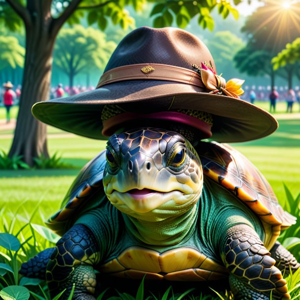 Imagen de una tortuga en un sombrero en el parque