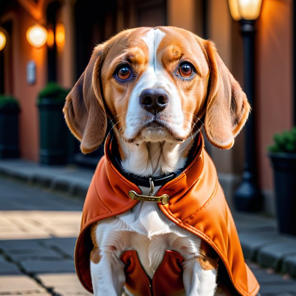 Foto de um beagle em um casaco laranja