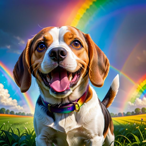 Picture of a smiling of a beagle on the rainbow