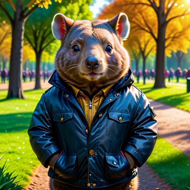 Image of a wombat in a jacket in the park