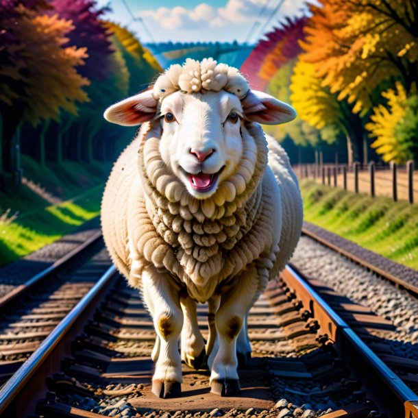 Image of a smiling of a sheep on the railway tracks