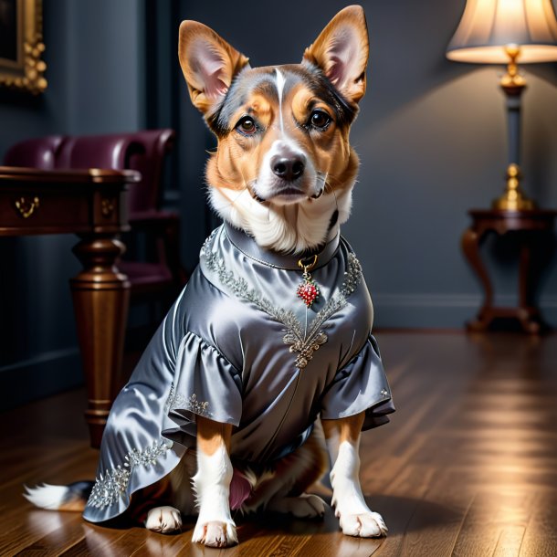 Retrato de um cão em um vestido cinza