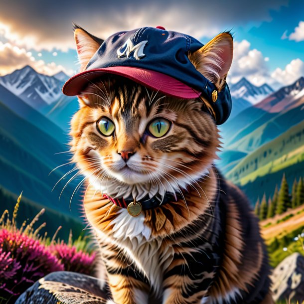 Photo of a cat in a cap in the mountains