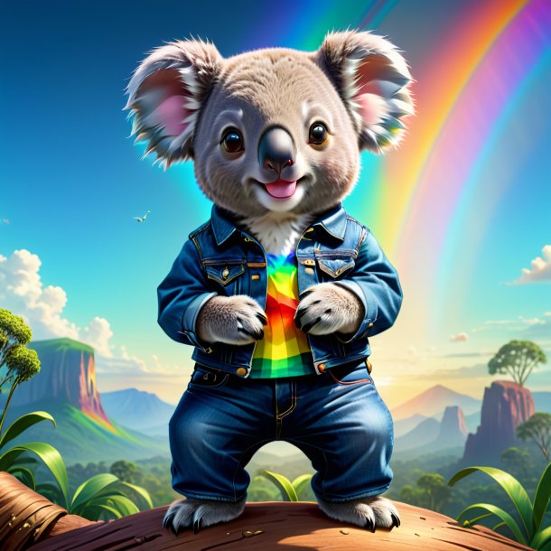 Illustration of a koala in a jeans on the rainbow