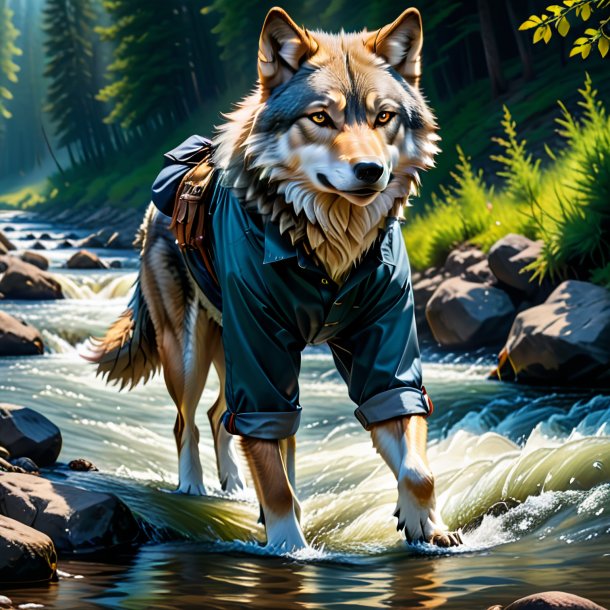 Photo of a wolf in a trousers in the river