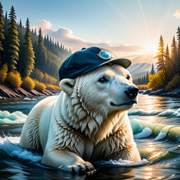 Picture of a polar bear in a cap in the river