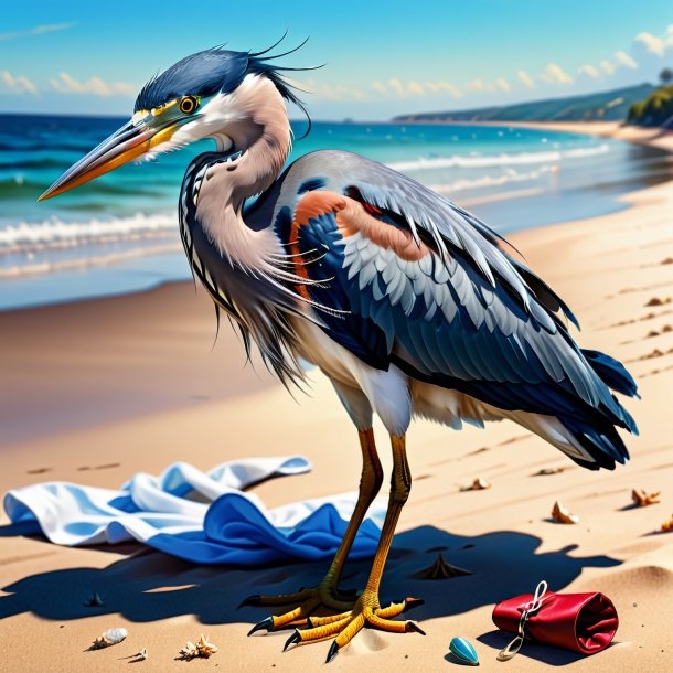 Illustration of a heron in a gloves on the beach