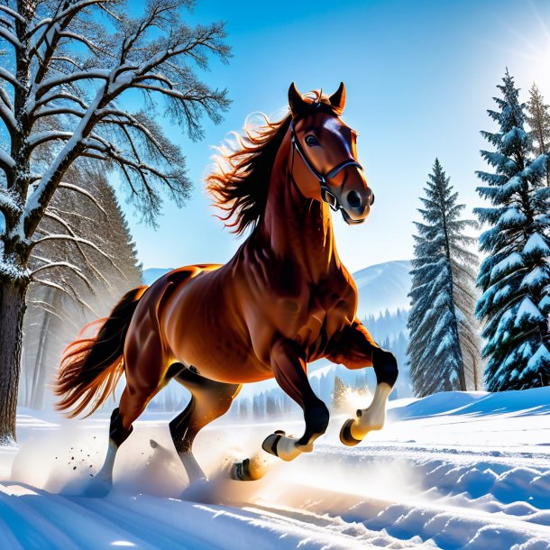 Pic of a jumping of a horse in the snow