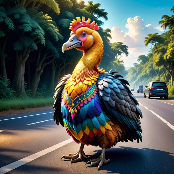 Illustration of a dodo in a dress on the road