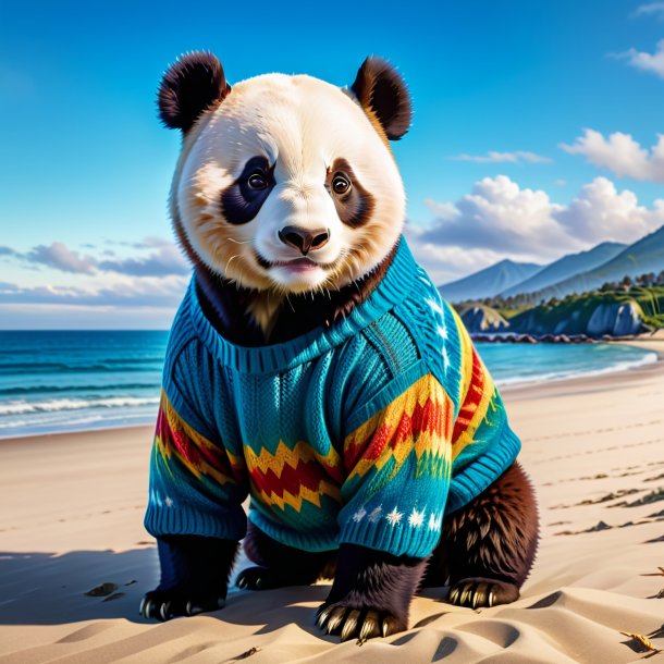 Foto de un panda gigante en un suéter en la playa