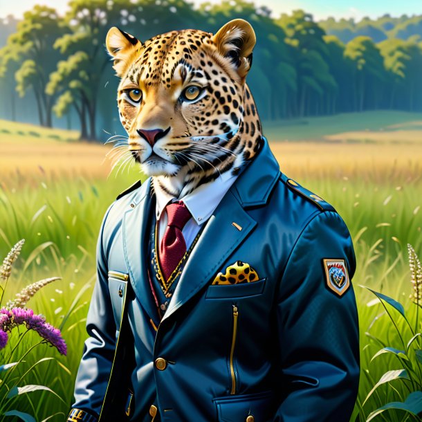 Drawing of a leopard in a jacket in the meadow