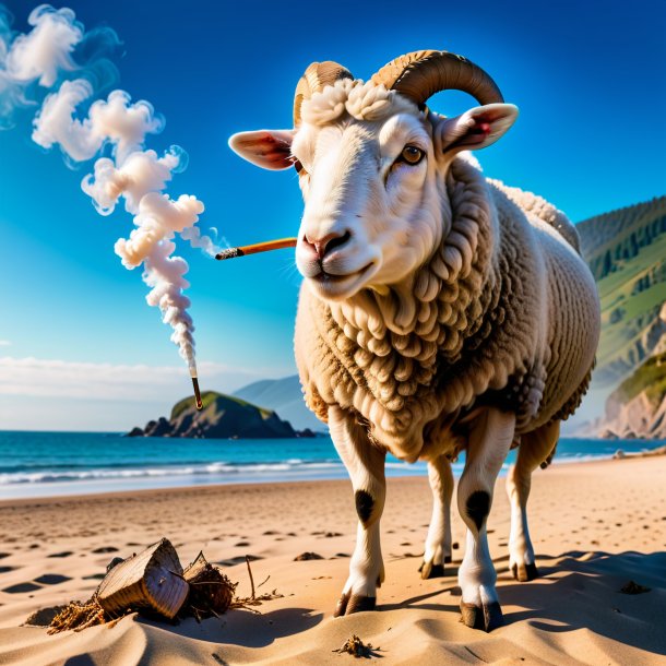 Image of a smoking of a sheep on the beach