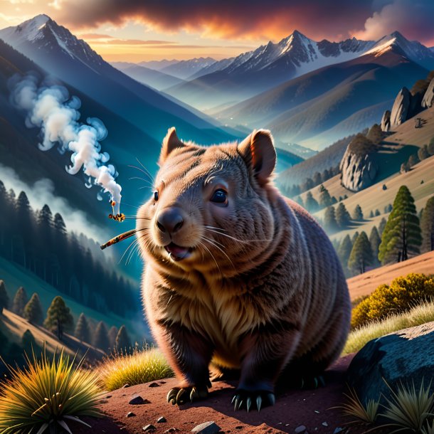 Photo of a smoking of a wombat in the mountains