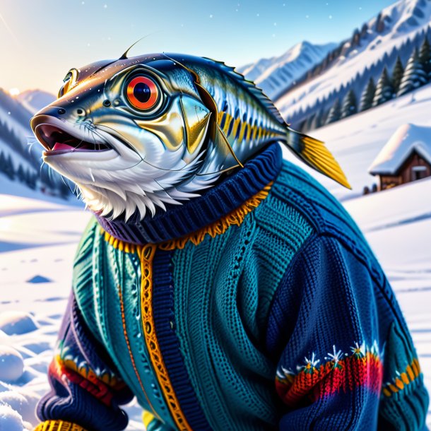 Drawing of a sardines in a sweater in the snow