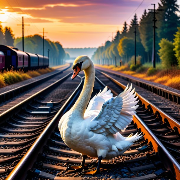 Imagen de un cisne en una chaqueta en las vías del ferrocarril