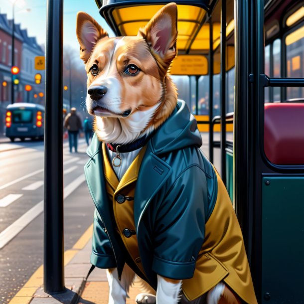 Desenho de um cão em um casaco no ponto de ônibus