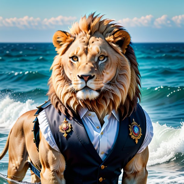 Image of a lion in a vest in the sea