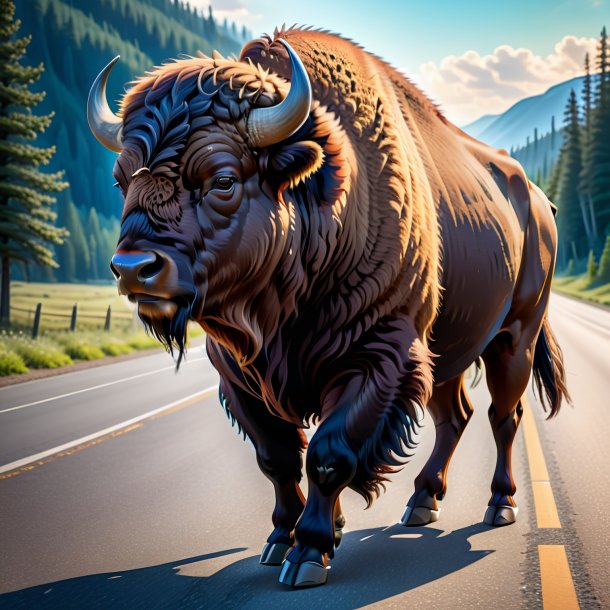 Illustration of a bison in a dress on the road