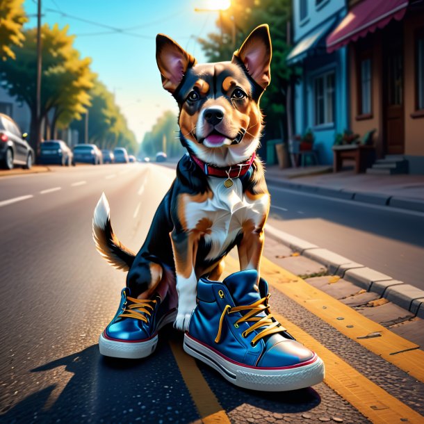 Desenho de um cão em um sapatos na estrada