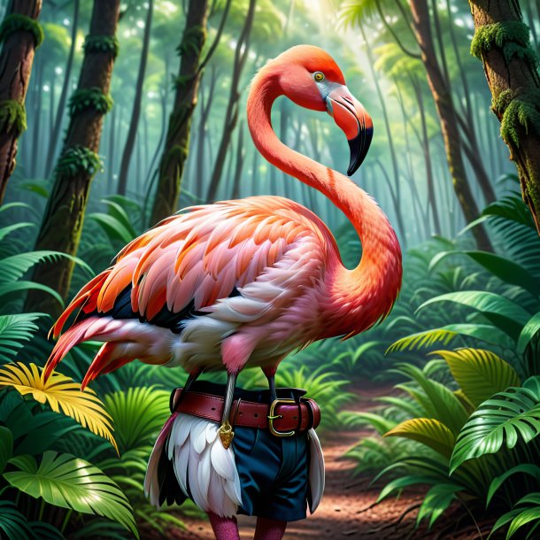 Ilustração de um flamingo em um cinto na floresta