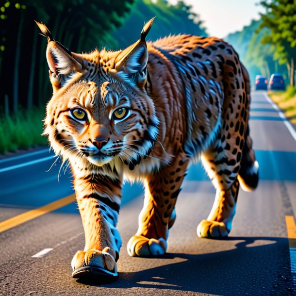 Picture of a lynx in a shoes on the road