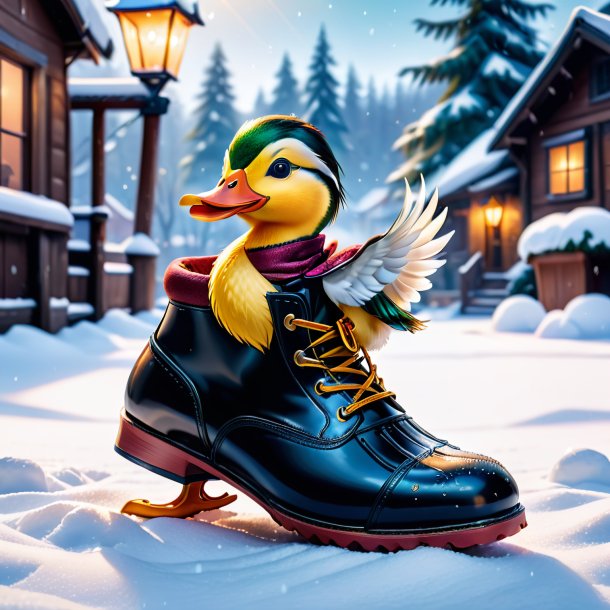 Pic d'un canard dans une chaussure dans la neige