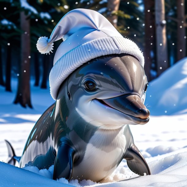 Pic of a dolphin in a cap in the snow