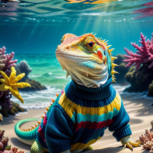 Picture of a lizard in a sweater in the sea