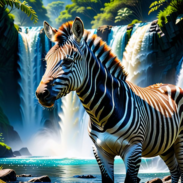 Picture of a zebra in a vest in the waterfall