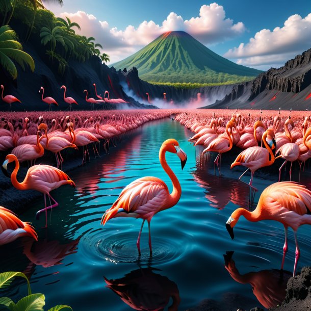 Picture of a swimming of a flamingo in the volcano