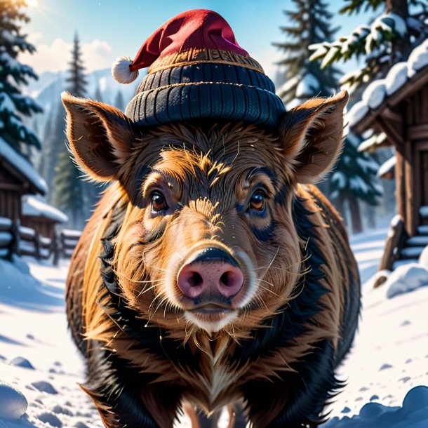 Pic of a boar in a cap in the snow