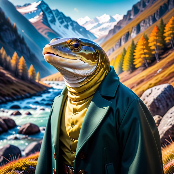 Image of a eel in a coat in the mountains