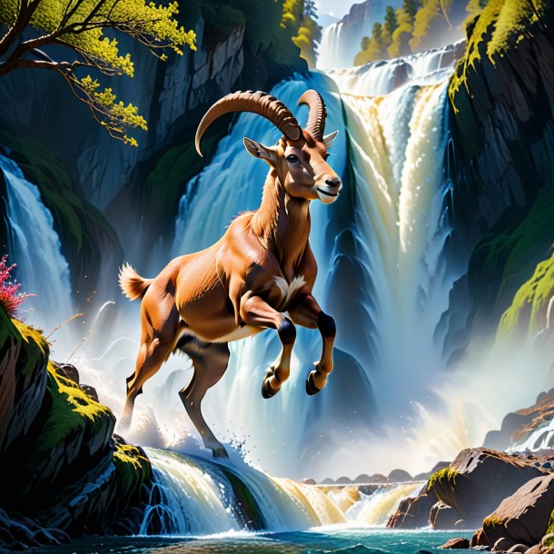 Picture of a jumping of a ibex in the waterfall