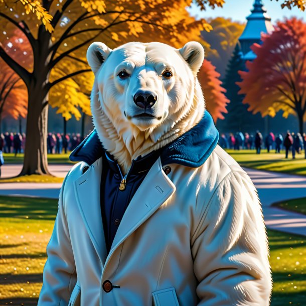 Image of a polar bear in a coat in the park