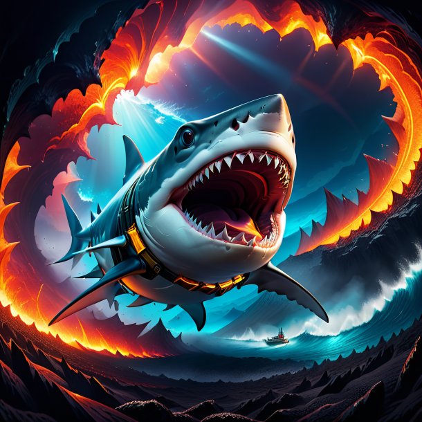 Illustration of a shark in a belt in the volcano