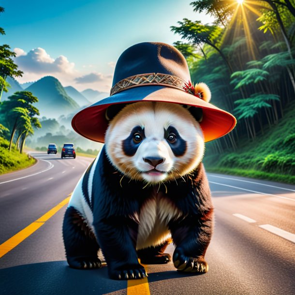 Photo of a giant panda in a hat on the road