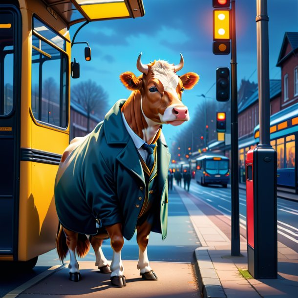 Illustration of a cow in a coat on the bus stop