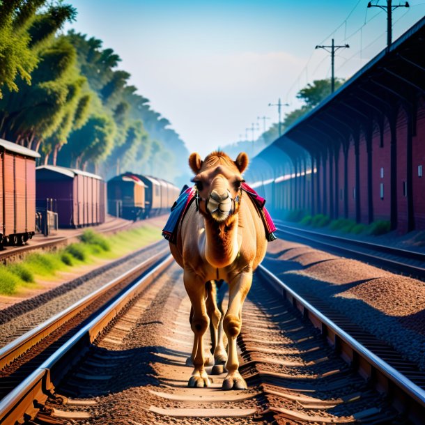 Imagen de un camello en jeans en las vías del tren