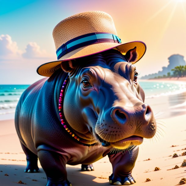 Pic d'un hippopotamus dans un chapeau sur la plage