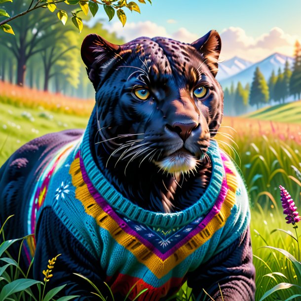 Picture of a panther in a sweater in the meadow