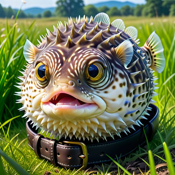 Picture of a pufferfish in a belt in the meadow