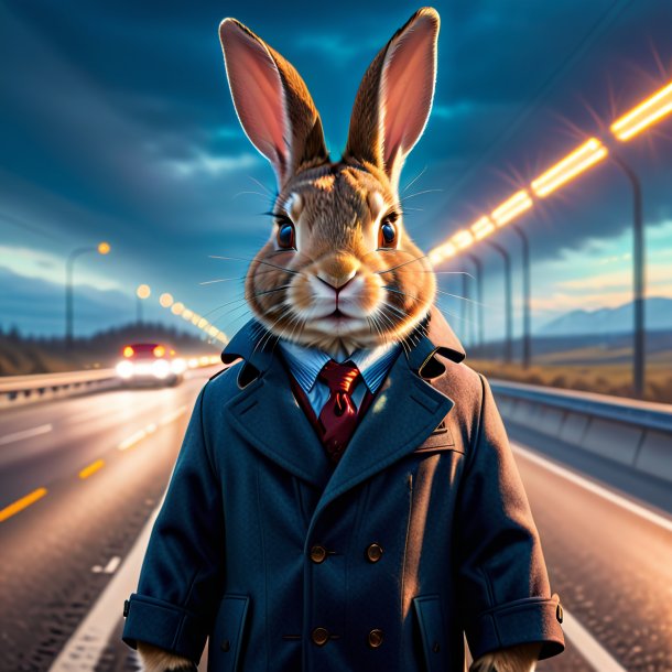 Image of a rabbit in a coat on the highway