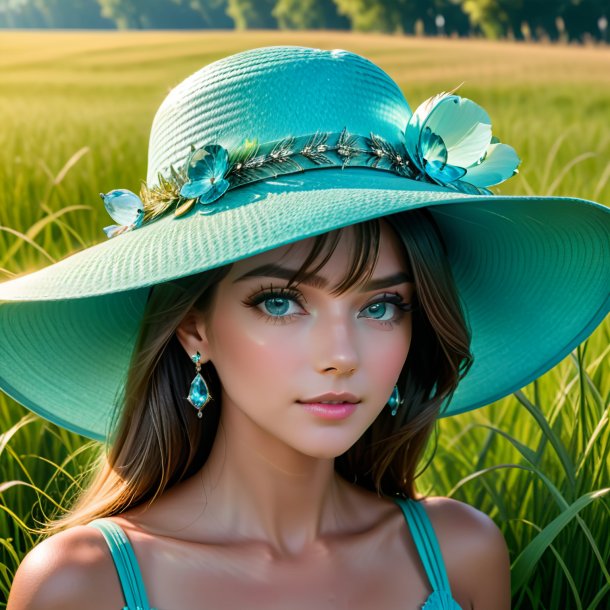 Portrait d'un chapeau aquamarine de l'herbe